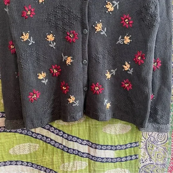 Vtg 90's Christopher & Banks Green Hand Embroidered Cottage Cardigan Size Large - Picture 4 of 14